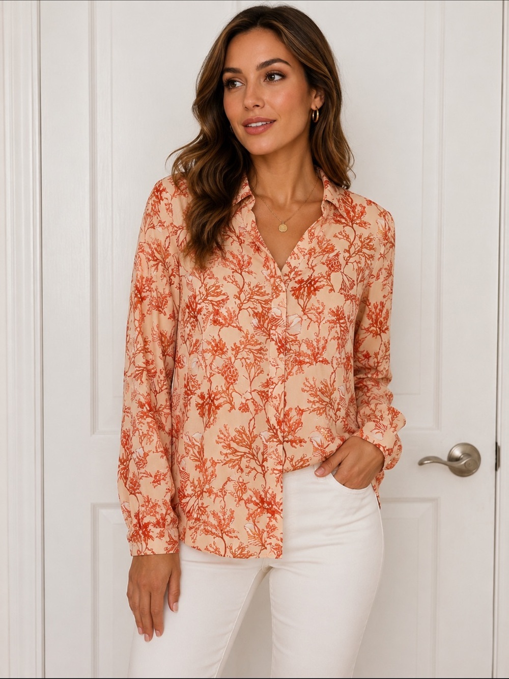 Liz Claiborne Coral Reef Print Button Front Blouse Size M
